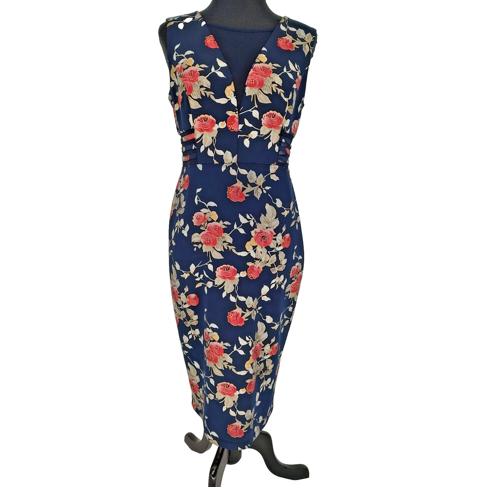 En Focus Studios Woman's Blue Floral Sheath Dress Size 8 Netting Accents Stretch